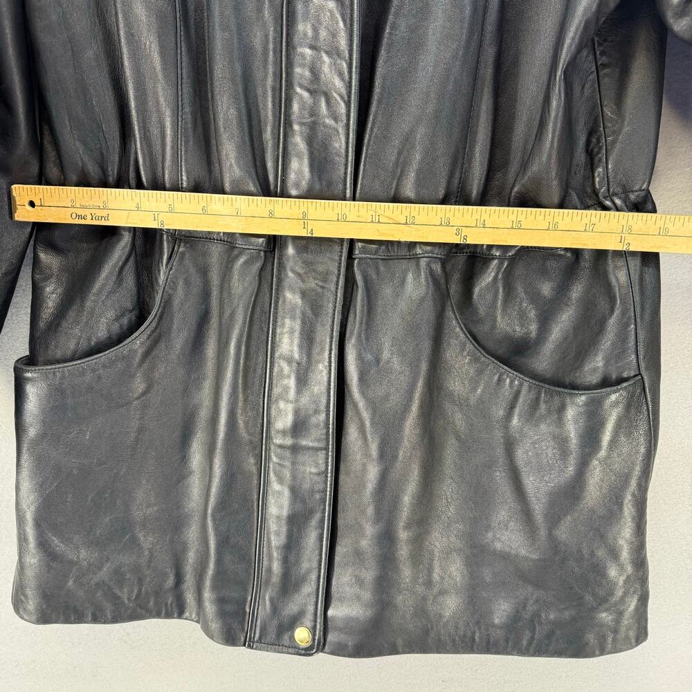 Worthington Leather Parka Women's L Black Lamb Skin Dyed Fox Fur Trim Hood EUC - Picture 13 of 14